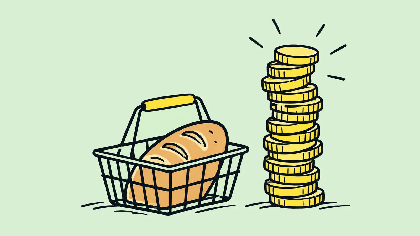 A doodle of a loaf of bread in a shopping basket beside a tall, wobbling stack of gold coins